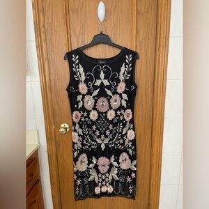 Frank Lyman Design Black Dress with Pink and Cream Floral Embroidery